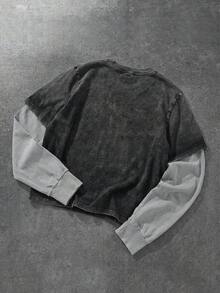 萬聖節幽靈咖啡印花黑灰色做舊拼接袖男士長袖上衣街頭風百搭休閒T恤 - 黑色 - 查看 2