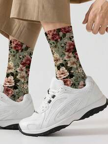 1 Par de Meias Femininas Estéticas Vintage com Estampa Floral 360°, Estilo Campestre Pastoral com Base Verde e Padrão de Rosas Cor-de-Rosa, Meias de Cano Médio Macias e Respiráveis para Uso Diário e Diversos Feriados - Multicolorido - Visão 2
