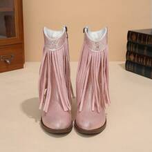 Girls' Boots, Fashionable Comfortable Versatile Tassel High Heel Western Boots, Colorblock Pointed Toe Side Zipper Mid-Calf Casual Boots - Pink - View 4