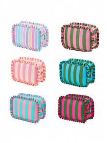 Cute Ruffle Striped Makeup Bag, Large Capacity Zippered Cosmetic Storage Bag, Colorful Striped Toiletries Organizer, Portable Travel Makeup Organizer - Multicolor - View 1