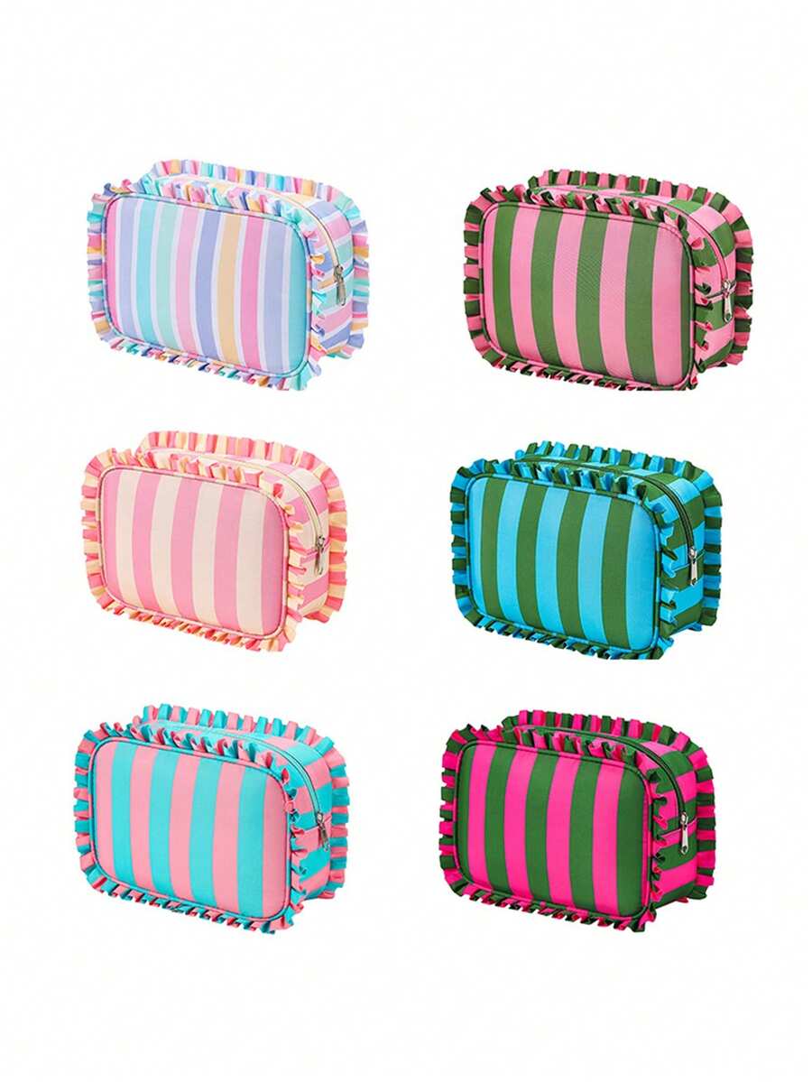 Cute Ruffle Striped Makeup Bag, Large Capacity Zippered Cosmetic Storage Bag, Colorful Striped Toiletries Organizer, Portable Travel Makeup Organizer - Multicolor - View 1