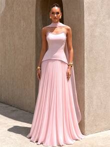 UNITHORSE Women's Formal Pink Chiffon Strapless Tie-Up Asymmetrical Pleated Maxi Evening Dress - Baby Pink - View 4