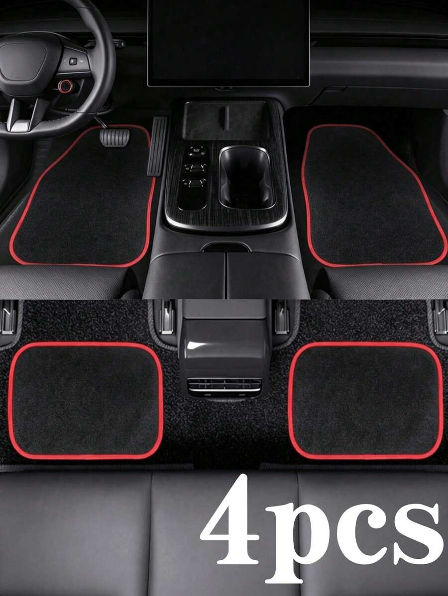 4pcs Universal Car Floor Mats Set, Front And Rear Carpets With Red Edging, Non-Slip Car Floor Mats, Sporty Car Interior Accessories, Suitable For Most Car Models - One Size - View 1