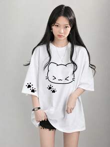 Kaos Wanita Kasual Longgar Leher Bulat Lengan Pendek Motif Huruf & Kucing, Serbaguna untuk Musim Panas, Warna Putih - Putih - View 2