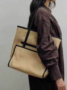 Niche Design Minimalist Canvas Tote Bag, Vintage Large Capacity Daily Commute Handbag, Casual Versatile Shoulder Bag For Women - Beige - View 3