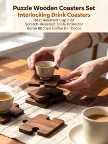 4pcs Puzzle Wooden Coasters Set, Interlocking Jigsaw‑Style Drink Coasters, Heat‑Resistant Scratch‑Proof Table Protector Cup Mats, Decorative Wood Coaster For Tea Coffee Mugs, Home Kitchen Coffee Bar Table Decor Accessories - Multicolor - View 2