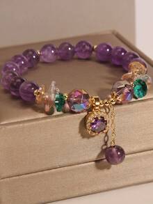 1pc Natural Amethyst Beaded Bracelet, Niche Design Colorful Crystal Pendant Bracelet, Vintage Style Women's Hand Accessory - Multicolor - View 5