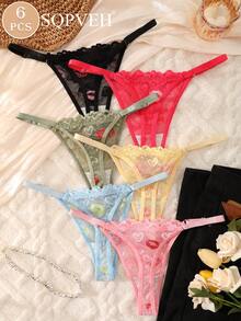 SQPVEH 6pcs Women's Sexy Adjustable Waistband Thong Panties With Lip Print Pattern, Lace Patchwork, Comfortable Elastic Breathable Triangle Thongs - Multicolor - View 3