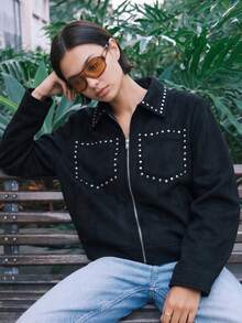 Women's Fashion Black Faux Suede Jacket, Rivet Collar, Front Zipper Closure, Rivet Pocket Trim, Autumn Outdoor Coat - Black - View 9