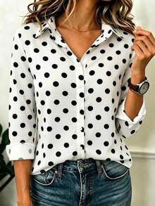 Women's Fashion Polka Dot Button Shirt Collar Long Sleeve Polyester Blouse, Autumn Non-Stretch Polyester Fiber Material, Front Button Lapel Design, Versatile Regular Fit, Suitable For Daily Casual Office Wear - White - View 2
