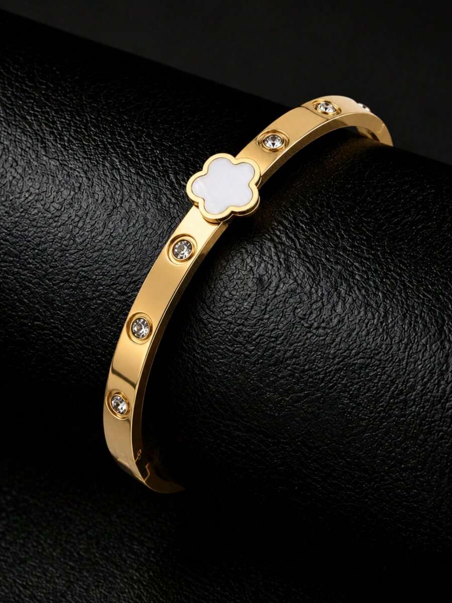 1pc 18K Gold Plated Stainless Steel White Mother Of Pearl Clover Rhinestone Inlaid Thin Bracelet, Luxury Unisex Daily Versatile Holiday Gift Bangle - Gold - View 1