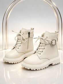 1 Pair Boys' Buckle Short Boots, Soft PU Front Lace-Up Inner Zipper Design, Round Toe Thick Sole Height-Increasing British Style Work Boots, Suitable For Boys And Girls Students Daily School And Vacation, Autumn/Winter New - Apricot - View 3