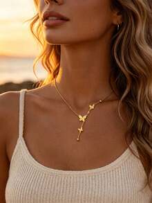 Light Luxury Y-Shaped Butterfly Tassel Gold Collarbone Necklace, Niche High-End Stainless Steel Neck Chain For Women, Dynamic Three-Piece Butterfly Pendant Design, Gentle Exquisite Adjustable Chain, Minimalist Versatile Accessory, Suitable For Commute, Date, Party And More - Butterfly Pendant Necklace - View 5