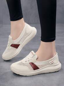Plus Size Women's Summer Walking Shoes, Colorblock Hollow Mesh Breathable Soft Sole Non-Slip Work Shoes, Slip-On 2-In-1 Casual Shoes - Beige - View 6
