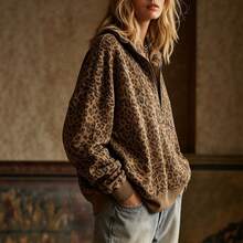Áo len dệt kim nữ tay dài, kiểu pullover nửa khóa kéo, họa tiết da báo, phong cách thường ngày - Màu Khaki - Xem 3