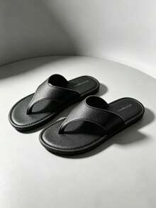Men's Pure Black Casual Breathable Slippers, Soft Non-Slip EVA Sole Sandals, Spring Summer Fashion Outdoor Lightweight One-Strap Slides, Suitable For Daily Beach Wear - Black - View 2
