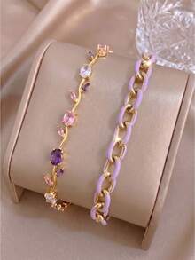 2pcsGold‑Tone Stainless Steel Bracelet, French‑Style Luxe White Enamel Curb Chain Design, Elevate Your Elegant Look - Gold - View 5