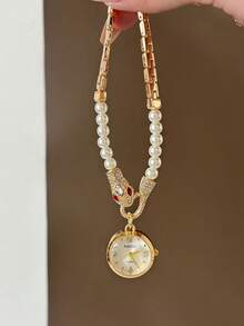 1pc Round White Dial Adjustable White Beaded Strap Delicate Mixed Markers Suitable For Various Occasions. - Gold - View 1