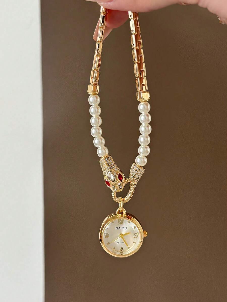 1pc Round White Dial Adjustable White Beaded Strap Delicate Mixed Markers Suitable For Various Occasions. - Gold - View 1