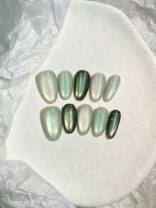 10片純手工橢圓形穿戴甲，清新極簡風，綠色漸層貓眼多色設計，適合女性與女孩，適用春夏秋冬節日派對與日常使用 - 綠色 - 查看 12