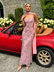 UNITHORSE [Random Cut] Spaghetti Strap Waist-Cinched Backless Tie-Up Sequin Elegant Evening Gown - Pink - View 3