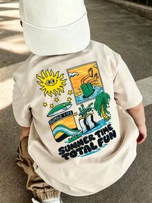 Baby Boy Summer T-Shirt "Summer Fun Time" Beach Surfing Print White Short Sleeve Casual Top, Comfortable Breathable Infant Tee - Apricot - View 1