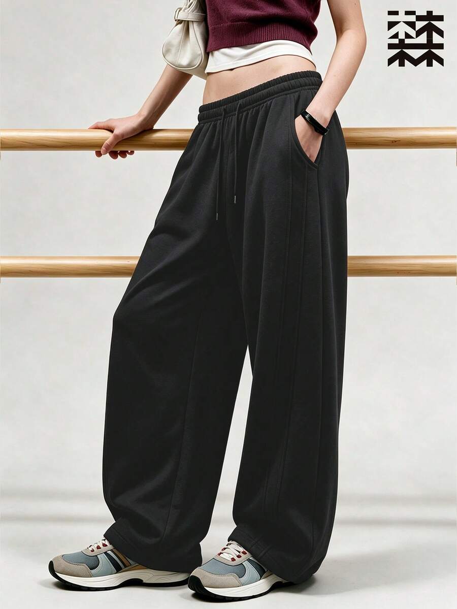mulinsen Women Athletic Straight Leg Sweatpants,Elastic Drawstring Waist Side Seam Stitching Loose Fit Side Pockets,Workout Daily Street Outdoor Wear - Black - View 1