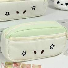 1pc Cute Women's Red/Blue Contrast Star Expression Embroidered Pencil Case, Soft Fabric Material, Multi-Layer Large Capacity Storage Pencil Case, Fresh And Adorable Style, Suitable For Students Back To School, Office Workers, Ideal Gift For Friends And Family - A - View 8