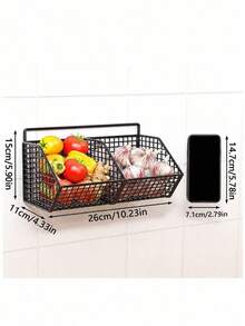 1pc Large Wall-Mounted Kitchen Storage Basket, Multi-Functional Organizer Rack, Vegetable Garlic Onion Storage, Durable Metal Rack, Suitable For Small Kitchen And Bathroom Storage, No Battery Required, Other Materials, Home Decor, Kitchen Essentials, Kitchen Decor, Kitchen Organization And Storage, Kitchen Organizer, Kitchen Accessories, Coffee Bar Station (Please Carefully Check Size Information) Size Comparison Chart Included, Do Not Purchase If You Mind!! - Black - View 3