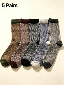 Men's Multi-Color Contrast Striped Ribbed Cuff Cotton Warm Vintage Business Mid-Calf Socks, Autumn/Winter Commute - Multicolor - View 7