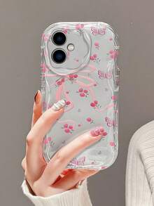 1pc Creamy Wavy Edge Shockproof Anti-Fall Protective Phone Case, Wavy Edge Transparent Phone Case (Cute Pink Ribbon Bow Cherry Butterfly Print Transparent Anti-Fall Soft TPU Phone Protective Case Suitable For Android), Suitable For Girls And Women, Sweet Style Compatible With Samsung, Series Phones - Clear - View 4