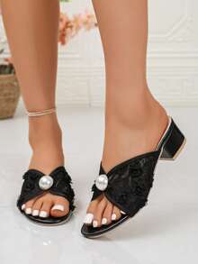 1 Pair Women's Elegant Floral Lace Large Pearl Decor Open Toe Slip-On Sandals, Wedding Summer Women's Sandals - Black - View 2