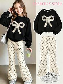 Tween Girls 2 Pieces Outfit, Polka Dot Bow Graphic Crewneck Sweatshirt & Polka Dot Flare Pants Set, Girls Casual Tracksuit - Multicolor - View 11