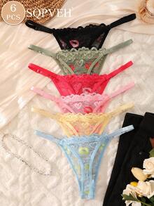 SQPVEH 6pcs Women's Sexy Adjustable Waistband Thong Panties With Lip Print Pattern, Lace Patchwork, Comfortable Elastic Breathable Triangle Thongs - Multicolor - View 4