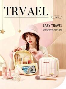 New Vertical Makeup Bag, Toiletry Storage Organizer, Large-Capacity Multi-Functional Cosmetic Storage Case Portable With Partitioned Sections LAZY TRAVELUPRIGHT COSMETIC BAG COMPACT SIZE LARGE CAPACITYMEETS DAILY NEEDS - View 2