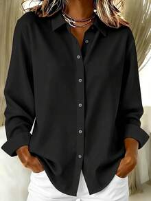 Basic Casual Plus Size Women's Long Sleeve Lightweight Button-Up Shirt, Black - Black - View 2