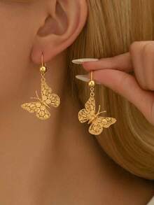 24K Gold Plated Laser Cut Butterfly Pendant Earrings, Rust-Resistant Gold Alternative Delicate Small Textured Metal Jewelry, High-End Jewelry - Butterfly Earrings - View 3