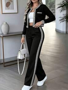 Setelan Jaket dan Celana Lengan Panjang Motif Houndstooth Musim Gugur/Dingin untuk Wanita, Modis dan Elegan, Cocok untuk Perjalanan Sehari-hari dan Tempat Kerja - Hitam - View 2