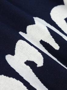 Áo len nam 2 trong 1 màu xanh navy cổ bẻ, dệt jacquard họa tiết chữ, cổ chữ V, dáng rộng vai trễ, áo chui đầu dệt kim phong cách thường ngày - Màu xanh lam - Xem 7