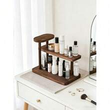 1pc Vintage Wooden Desktop Perfume & Cosmetics Storage Rack, Retro Solid Wood Makeup Organizer, Multi-Tier Display Shelf, Skincare Products Storage Rack, Suitable For All Seasons - Brown - View 7