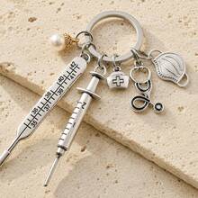 Silver Nurse Theme Keychain With Thermometer, Syringe, Stethoscope, Mask And Pearl Pendant - A - View 7