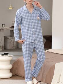 2pcs/Set Men's Pajamas Homewear Set, Lapel Cardigan Couple Style Fashion Long Sleeve Long Pants, Easy Care Fabric - Blue - View 9