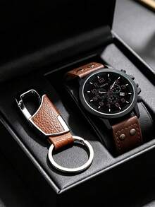 3/5PCS Men's Business Casual Watch Gift Set, Calendar Watch + Keychain + Pen + Brown Glasses + Embossed Wallet, Perfect Gift For Daily Wear And Gifting - Mouldless - View 8