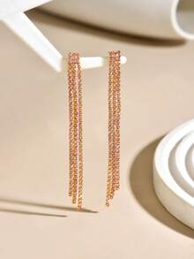 1 Pair Minimalist Blue Rhinestone Tassel Earrings Suitable For Women's Party, Evening Gala, Stage Performance, Music Festival And Other Occasions - Pink - View 8