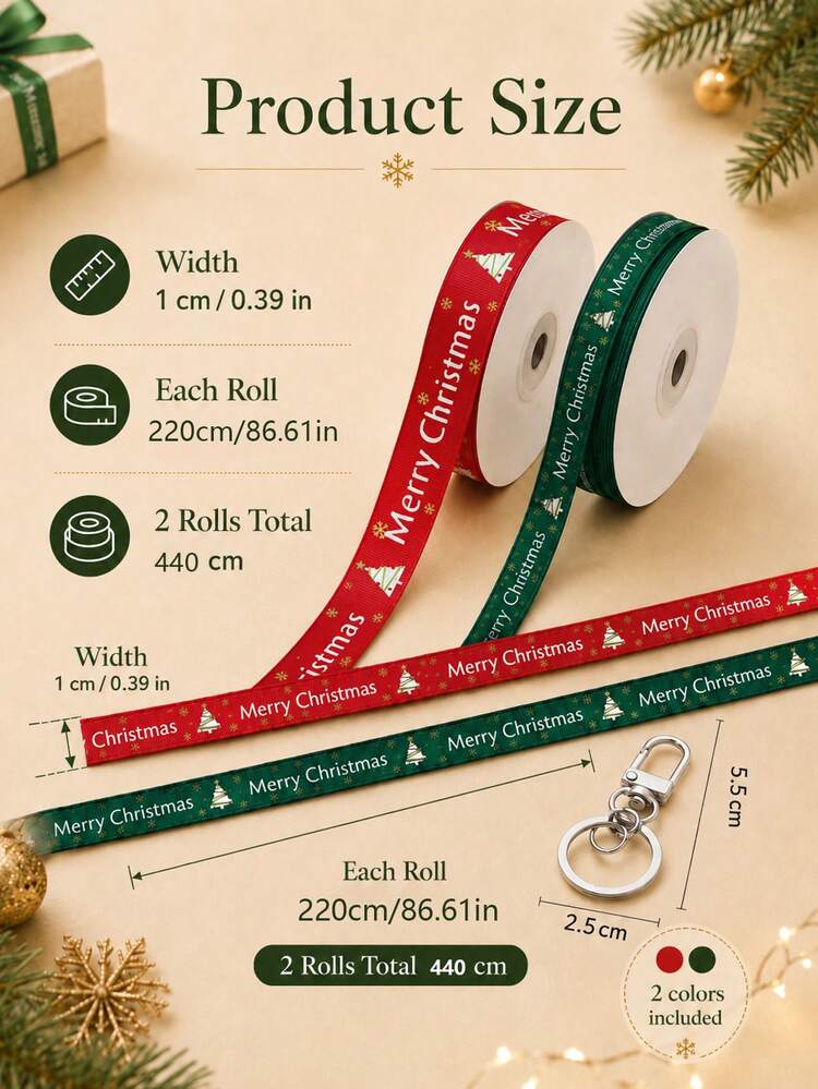 經典節日聚酯緞面緞帶，印有 Merry Christmas 文字、聖誕樹與雪花圖案，紅綠配色裝飾禮品包裝緞帶，適用於禮物包裝、DIY 蝴蝶結製作、手工項目、花環裝飾、節日派對與冬季慶祝 - 均碼 - 查看 3