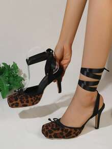 Women's Leopard Print Ballet Style Square Toe High Heels, Bow Decor, Criss-Cross Satin Ribbon Ankle Wrap Stiletto Pumps, Suitable For Party, Date - Leopard Print - View 4