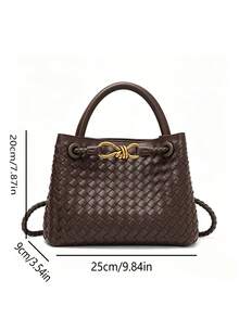 Handmade Woven Texture Handbag With Metal Rope Knot Buckle Decoration, Dual-Use Tote And Crossbody Bag For Makeup, Phone And Personal Items, Rope Buckle Closure, Light Luxury Vintage Style, Small Tote Bag For Women, Suitable For Dating, Commuting, Party And Travel - Coffee - View 2