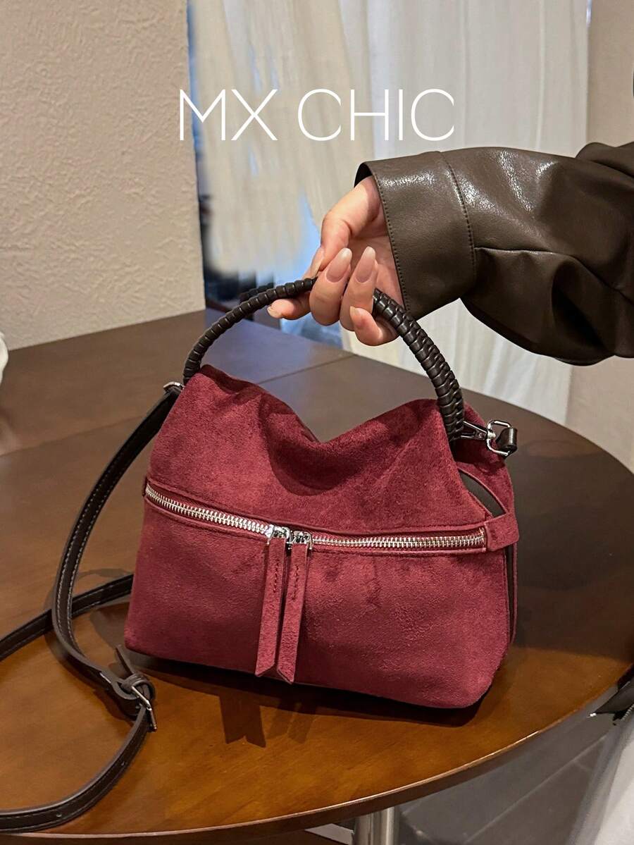 1件女款秋冬新款新月形手提包,時尚極簡麂皮布料女包,適合約會送禮、通勤、購物 - 酒紅色 - 查看 1