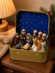 1 Set - Christmas Nativity Scene Set In Tin Box, Christmas Nativity Scene Set, Jesus Statue, Suitable For Holy Family, Statue Tin Box Set, Handmade Small Nativity Scene Set, Holiday Decoration, Gift For Friends, Nativity Scene Set - one-size - View 4