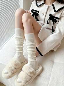 3 Colors Women's Classic Versatile Ribbed Loose Mid-Calf Socks, Solid Color Soft Knit Socks, Comfortable Ballet Style Preppy Casual Socks For Autumn/Winter - Multicolor - View 2